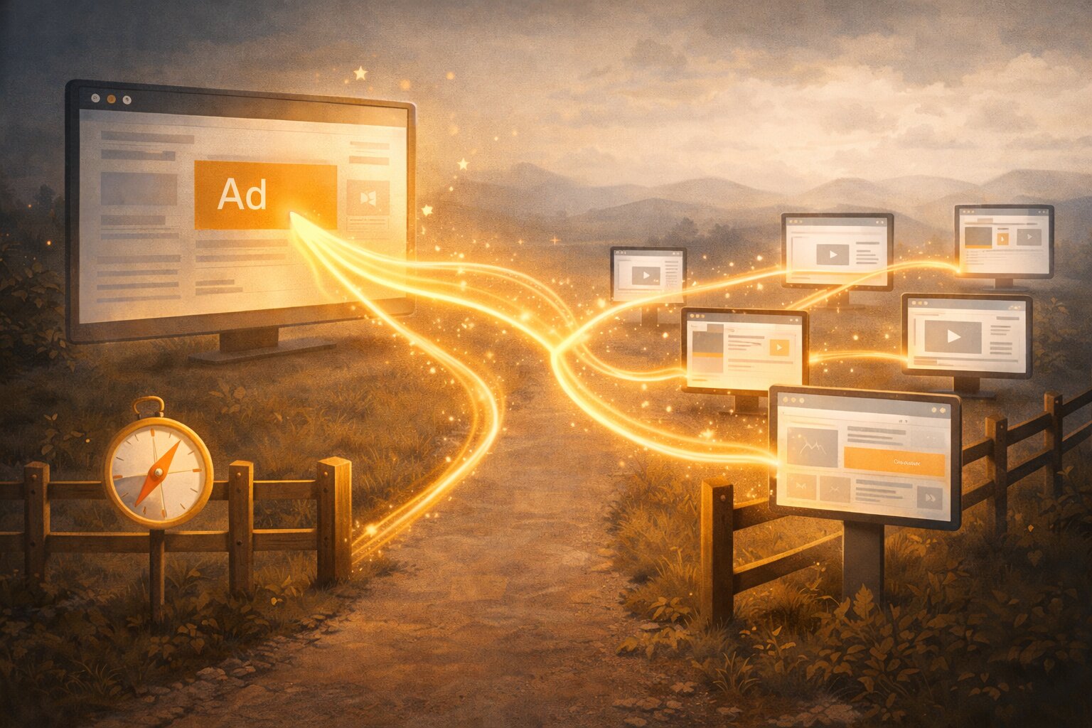 Ilustrasi AI menyalurkan iklan ke berbagai placement dengan pagar pengaman kecil