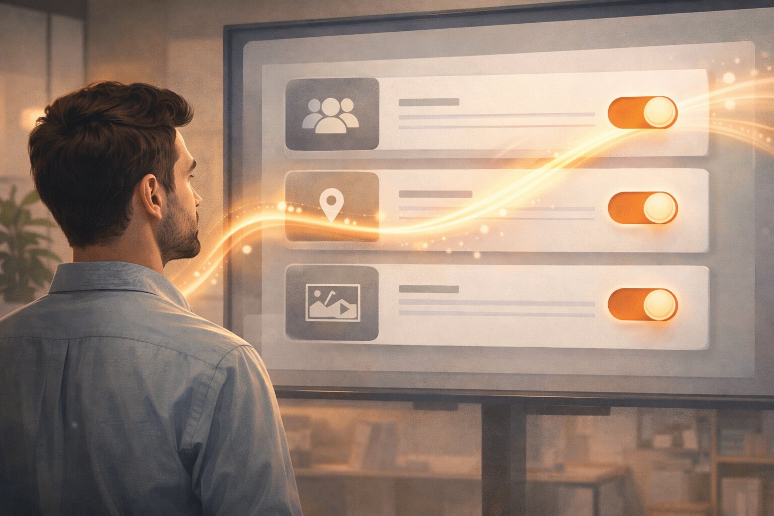 Ilustrasi orang melihat panel Advantage+ yang menyederhanakan kontrol iklan menjadi beberapa pengaturan penting