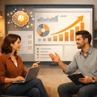 Ilustrasi tim marketing mengatur Advantage+ Sales dan Leads Meta Ads dengan dashboard analitik dan simbol AI