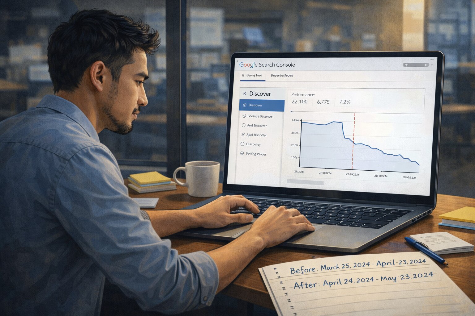 Spesialis SEO melakukan audit trafik Google Discover melalui laporan di Search Console.