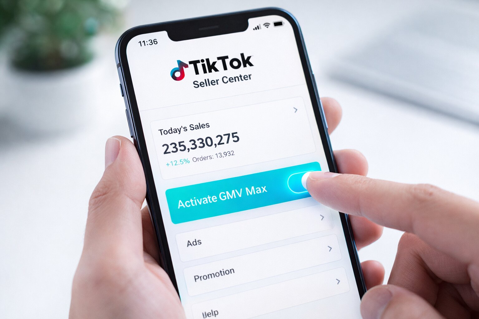 Langkah teknis mengaktifkan fitur GMV Max di aplikasi TikTok Seller Center.