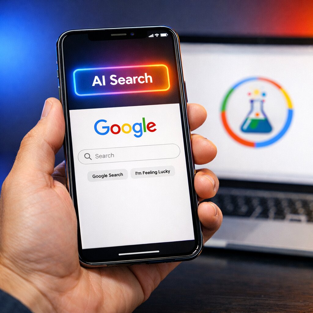 Tutorial visual cara mengaktifkan mode AI di Google Search melalui menu Labs