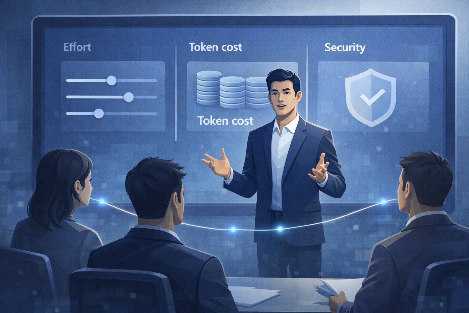 Ilustrasi pengaturan penggunaan Claude Opus 4.6 dengan pertimbangan biaya dan keamanan.