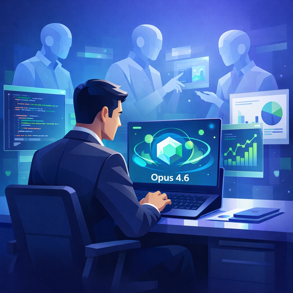 Ilustrasi profesional menggunakan Claude Opus 4.6 untuk coding dan analisis bisnis di laptop.