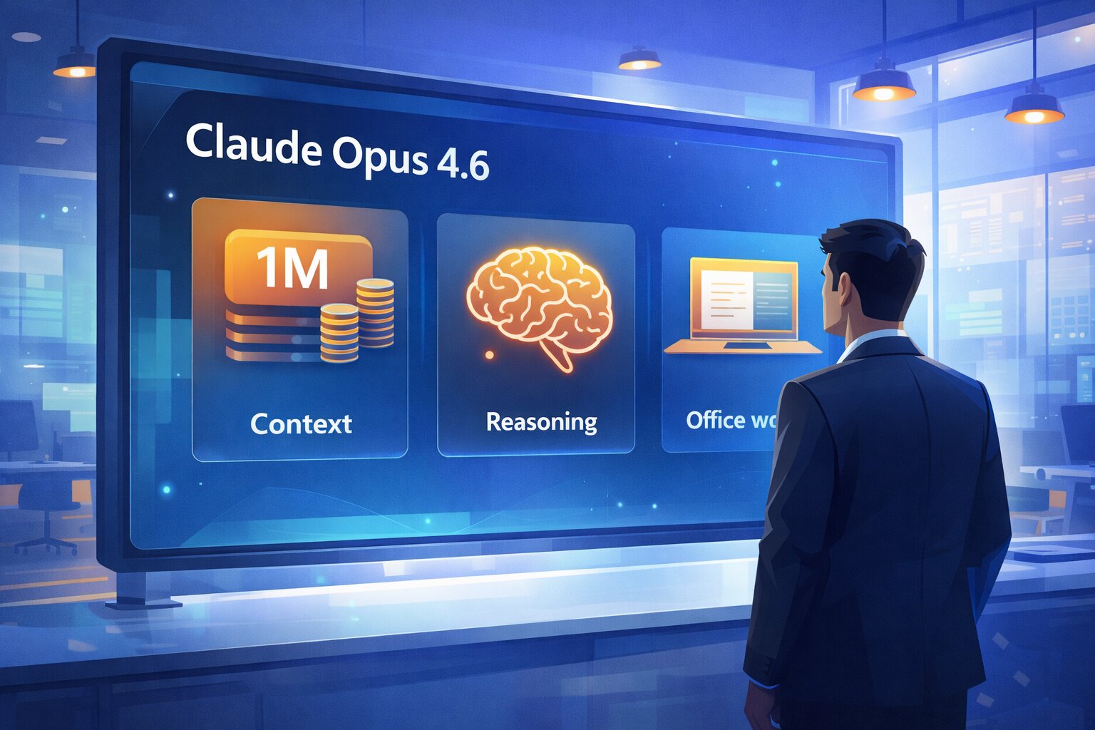 Ilustrasi ringkasan fitur utama Claude Opus 4.6 di layar besar.