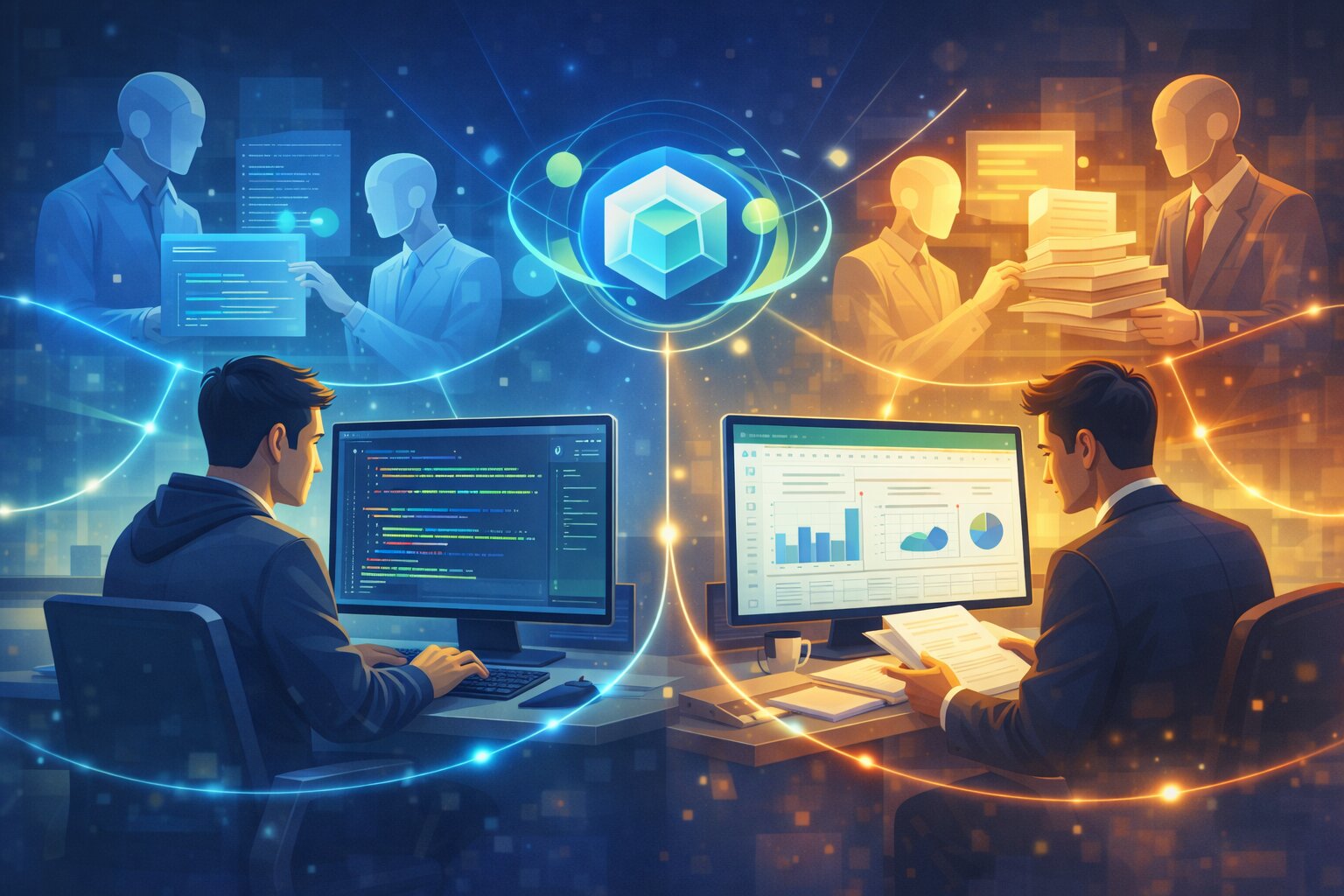 Ilustrasi berbagai workflow agen Claude Opus 4.6 untuk developer, analis keuangan, dan tim legal.