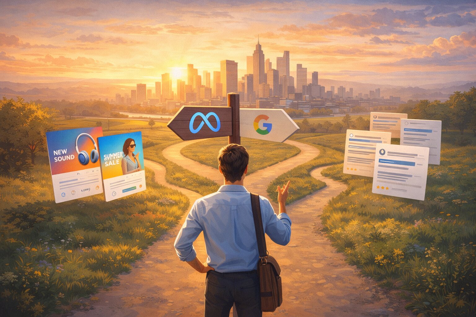Founder choosing between Meta Ads and Google Ads paths on a decision signpost