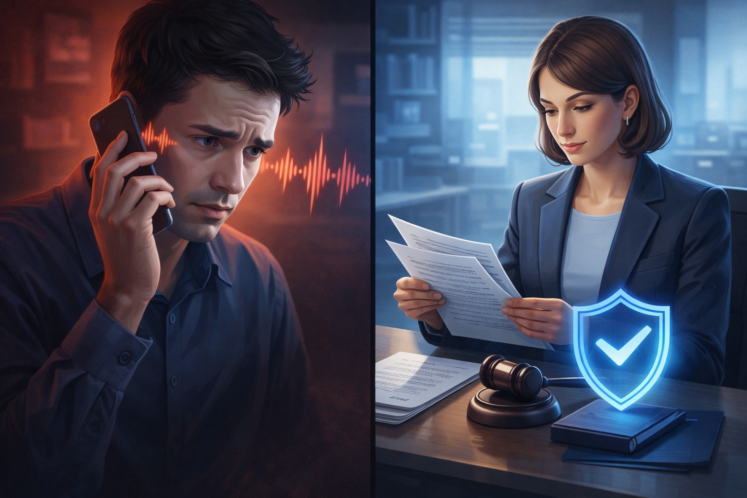 Person receiving a suspicious voice call contrasted with a legal expert reviewing new AI voice regulations