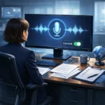 Compliance lead reviewing voice cloning consent settings and contracts on a generic AI audio dashboard