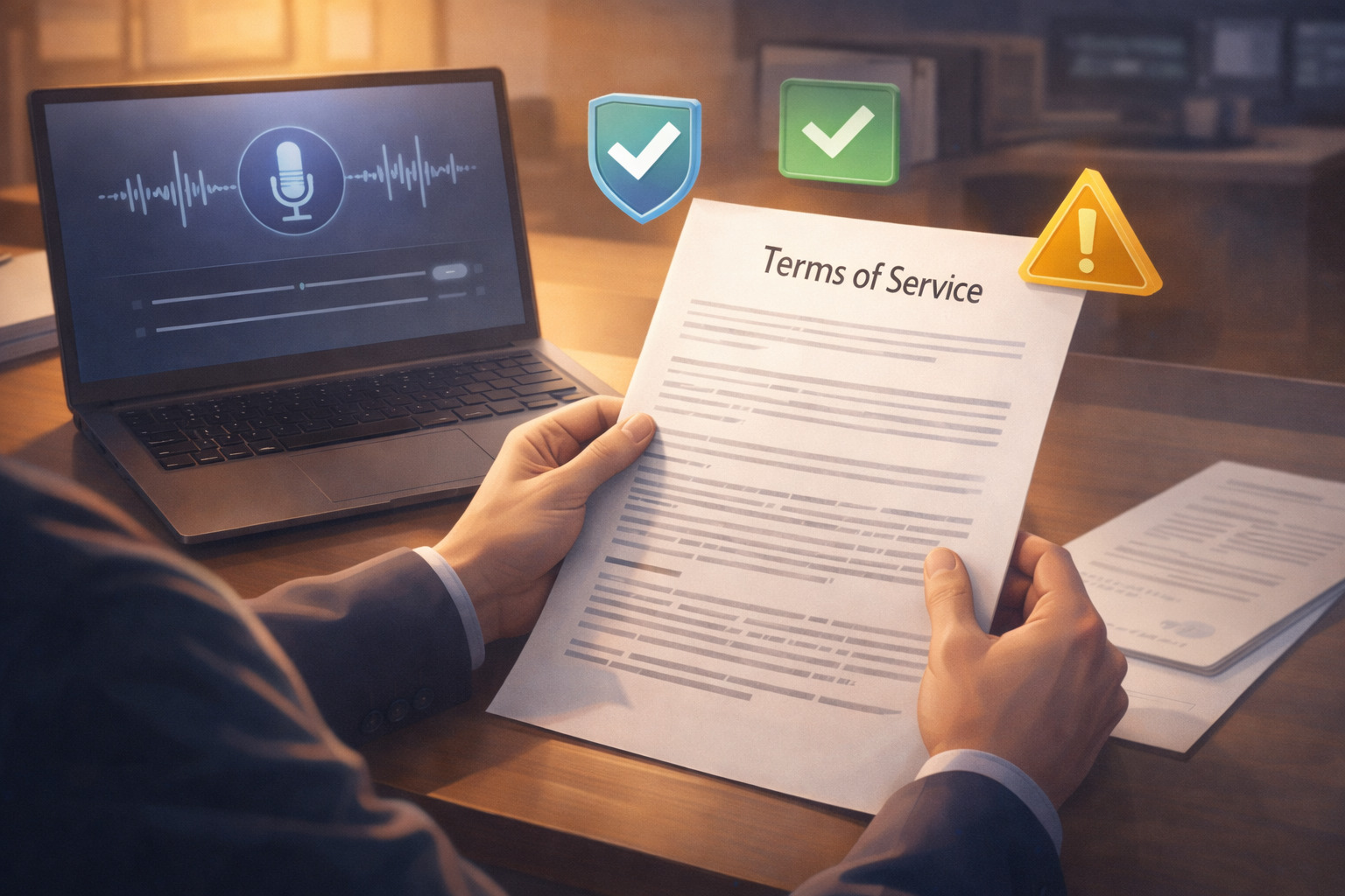 Professional studying AI platform terms of service and safety settings on a laptop