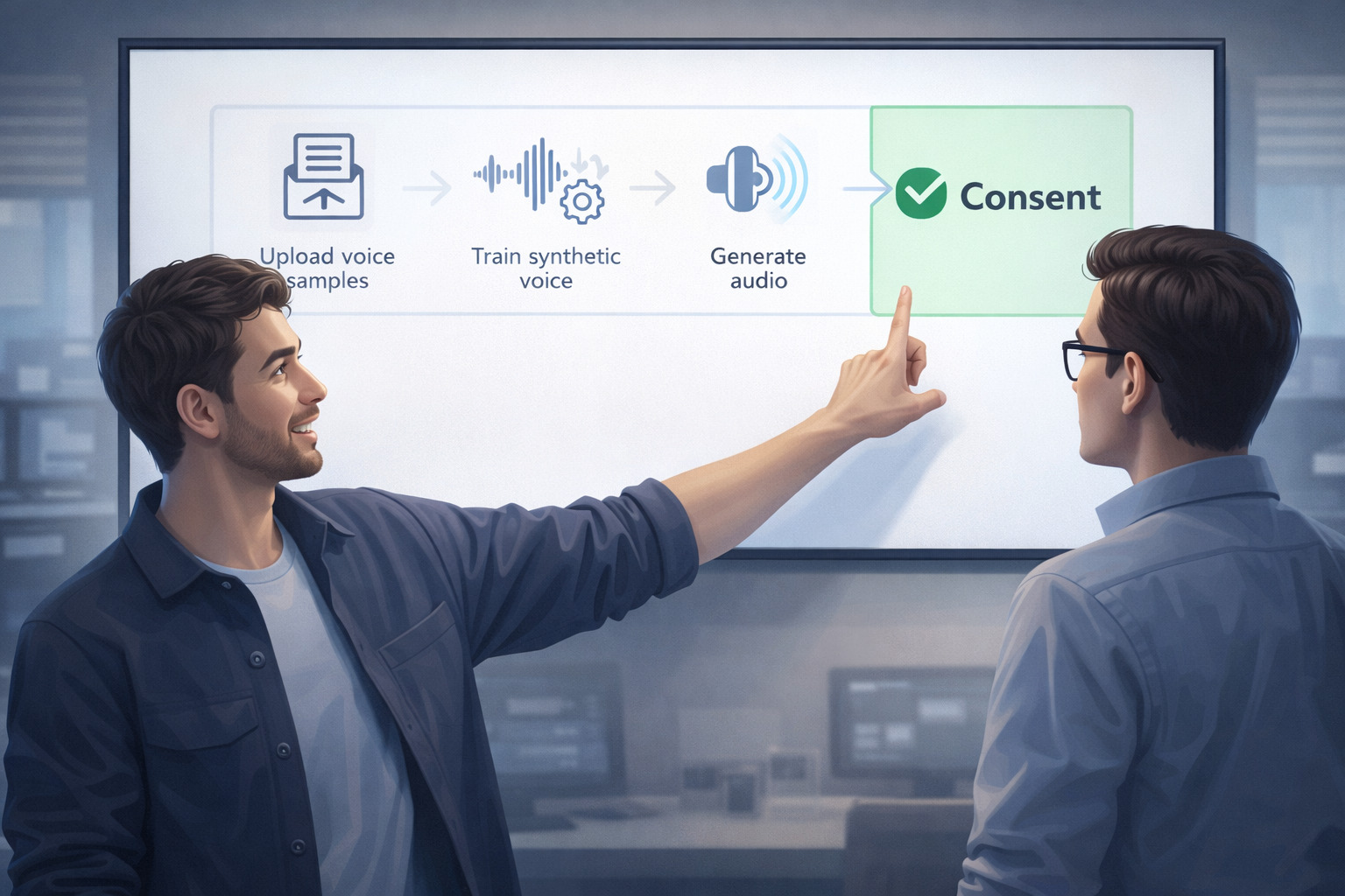 Creator explaining an AI voice cloning workflow with a clear consent step highlighted on the screen