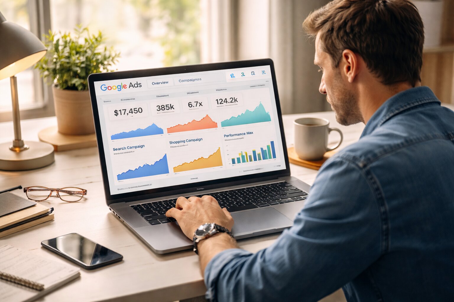 Digital marketer analysing Google Ads search campaign ROI on laptop