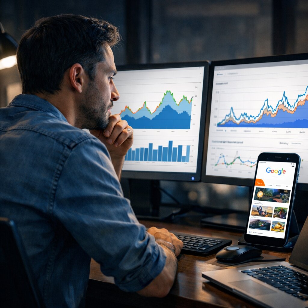 Analis digital memantau grafik trafik Google Discover di dua layar monitor.