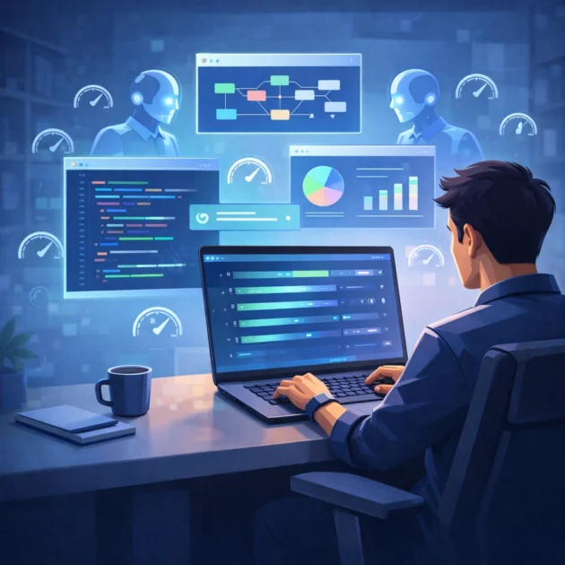 Developer collaborating with GPT-5.3-Codex style AI agents across code, charts and slides.