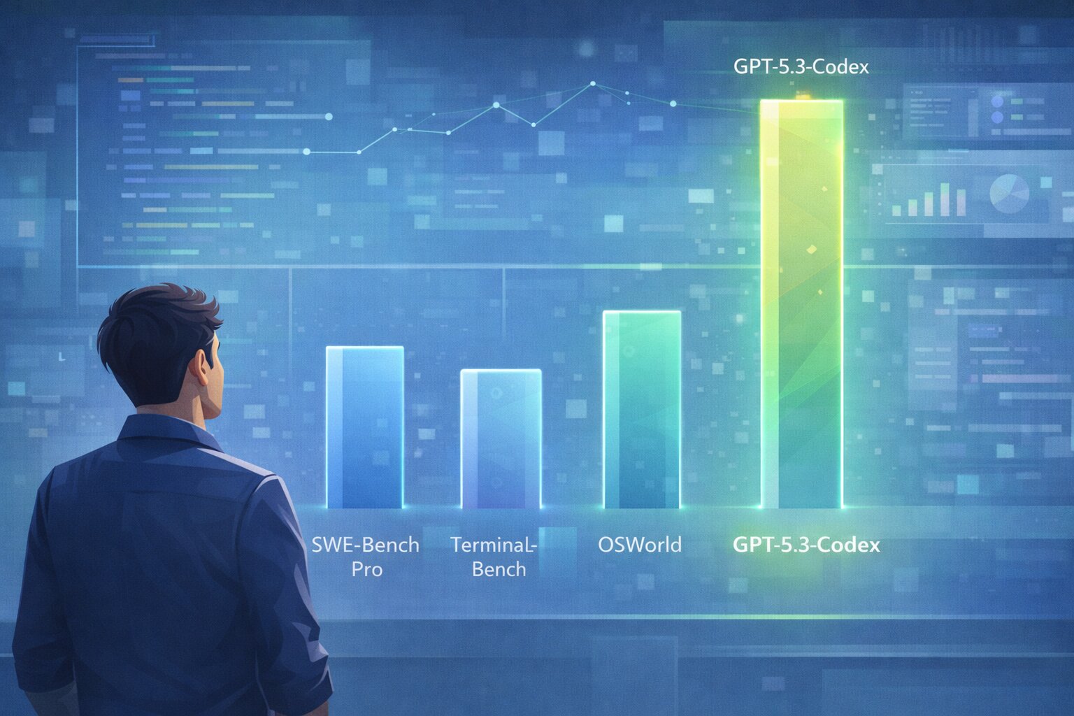 Person reviewing benchmark charts where GPT-5.3-Codex leads on key coding and agentic tests.
