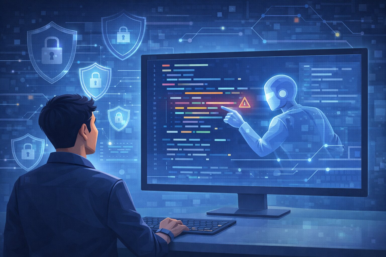 Security engineer supervising an AI agent that scans code for vulnerabilities behind digital shields.