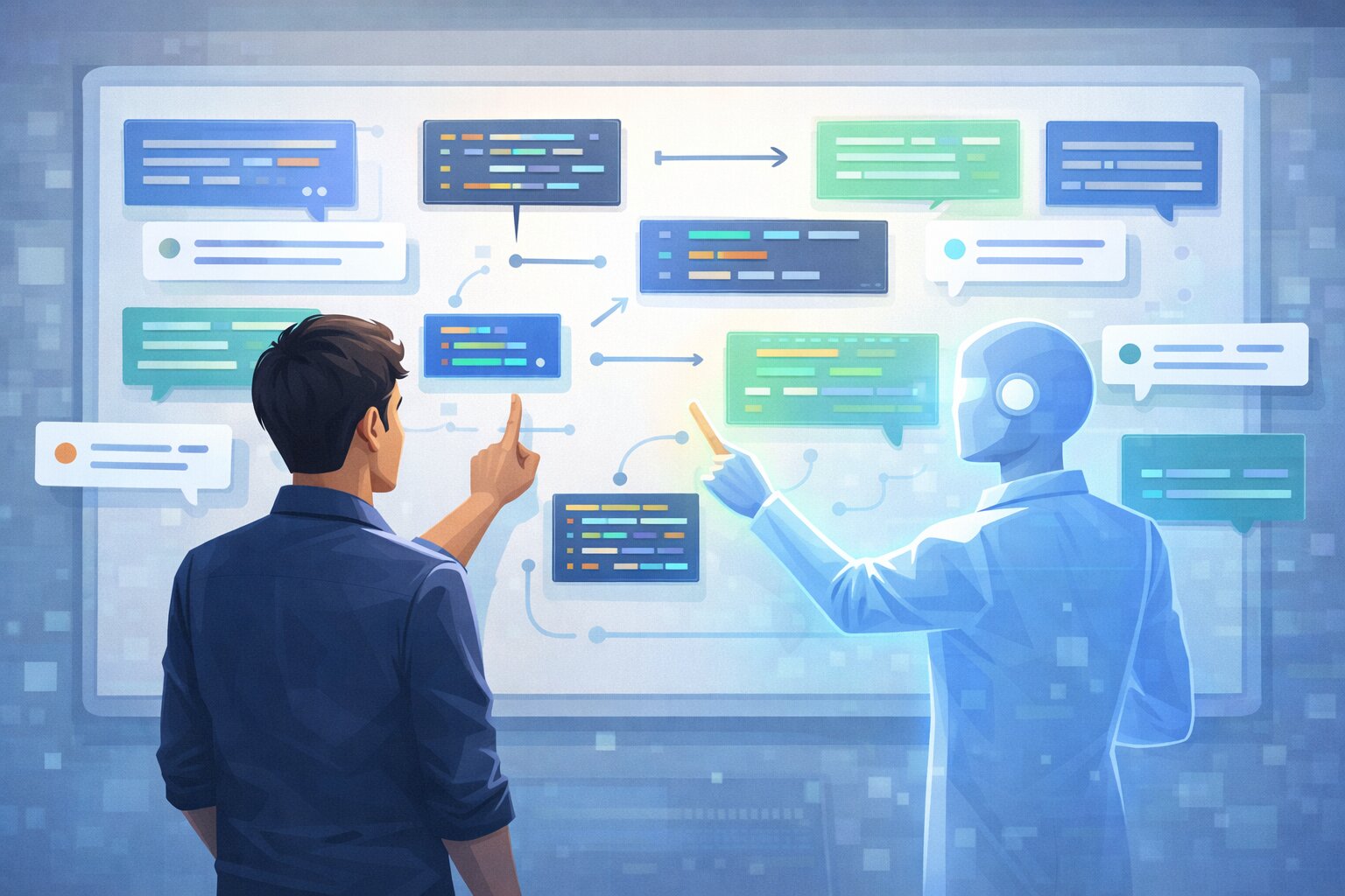 Developer and AI avatar co creating a plan for code changes on a shared whiteboard.
