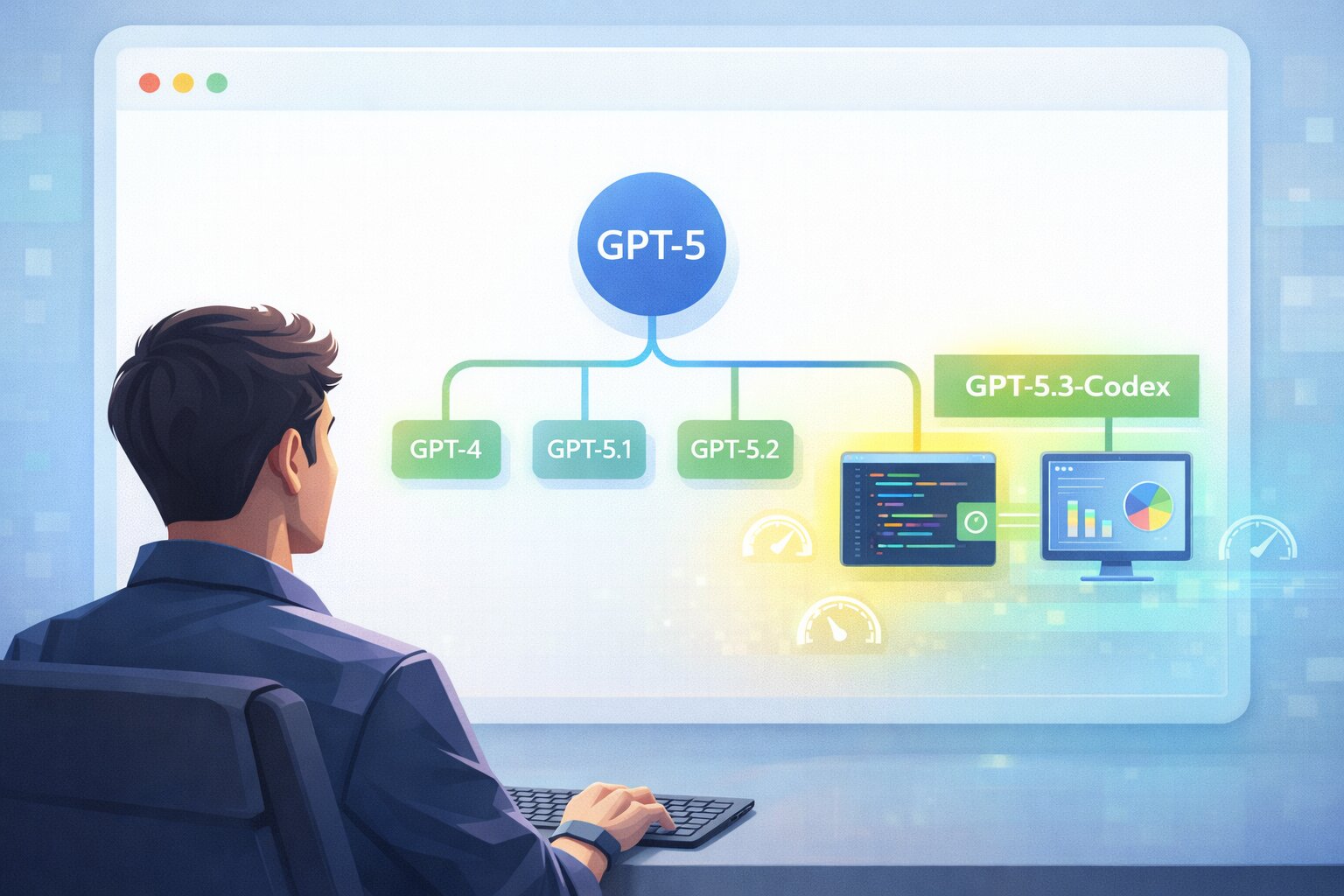 Developer viewing a diagram that highlights GPT-5.3-Codex within the GPT-5 model family.