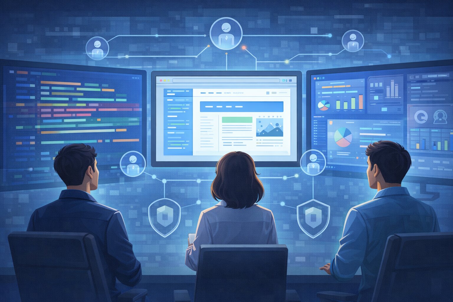 Team collaborating while an AI agent coordinates code, web apps, slides and dashboards on multiple screens.