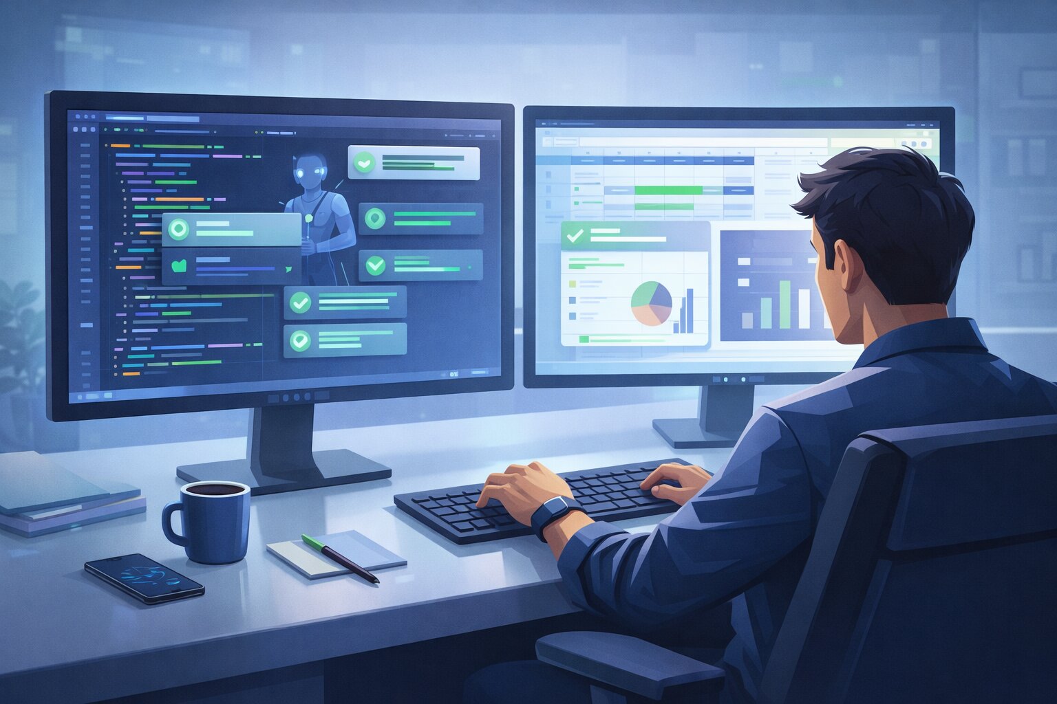 Ilustrasi GPT-5.3-Codex membantu menulis kode, mengelola spreadsheet, dan menyiapkan presentasi di dua monitor kerja