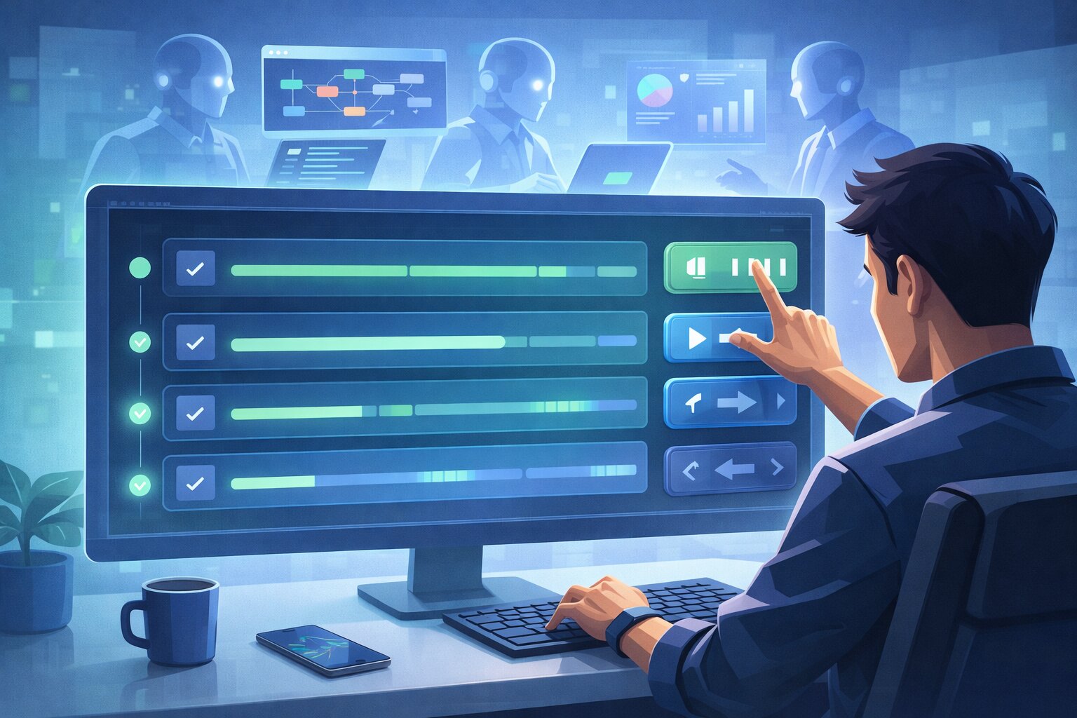 Ilustrasi developer mengarahkan GPT-5.3-Codex lewat panel kontrol fitur steer di tengah proses kerja agen