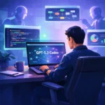 Ilustrasi profesional menggunakan GPT-5.3-Codex sebagai agentic coding model dan agen kerja kantor di laptop