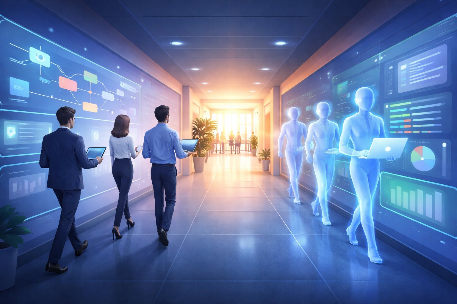 Ilustrasi profesional berjalan berdampingan dengan agen AI yang melambangkan peran GPT-5.3-Codex dalam masa depan cara bekerja