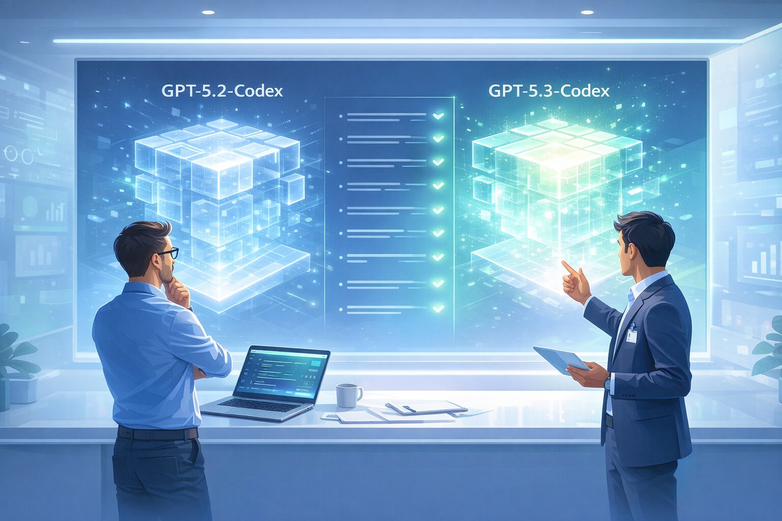 Ilustrasi perbandingan GPT-5.3-Codex dan GPT-5.2-Codex di layar besar yang didiskusikan dua profesional