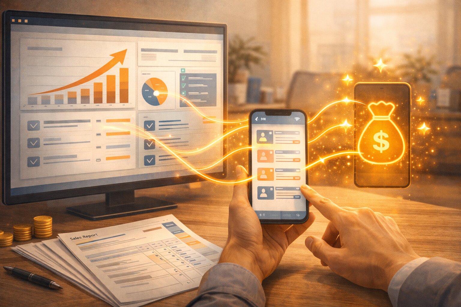 Ilustrasi dashboard iklan dibandingkan dengan laporan penjualan dan CRM yang selaras