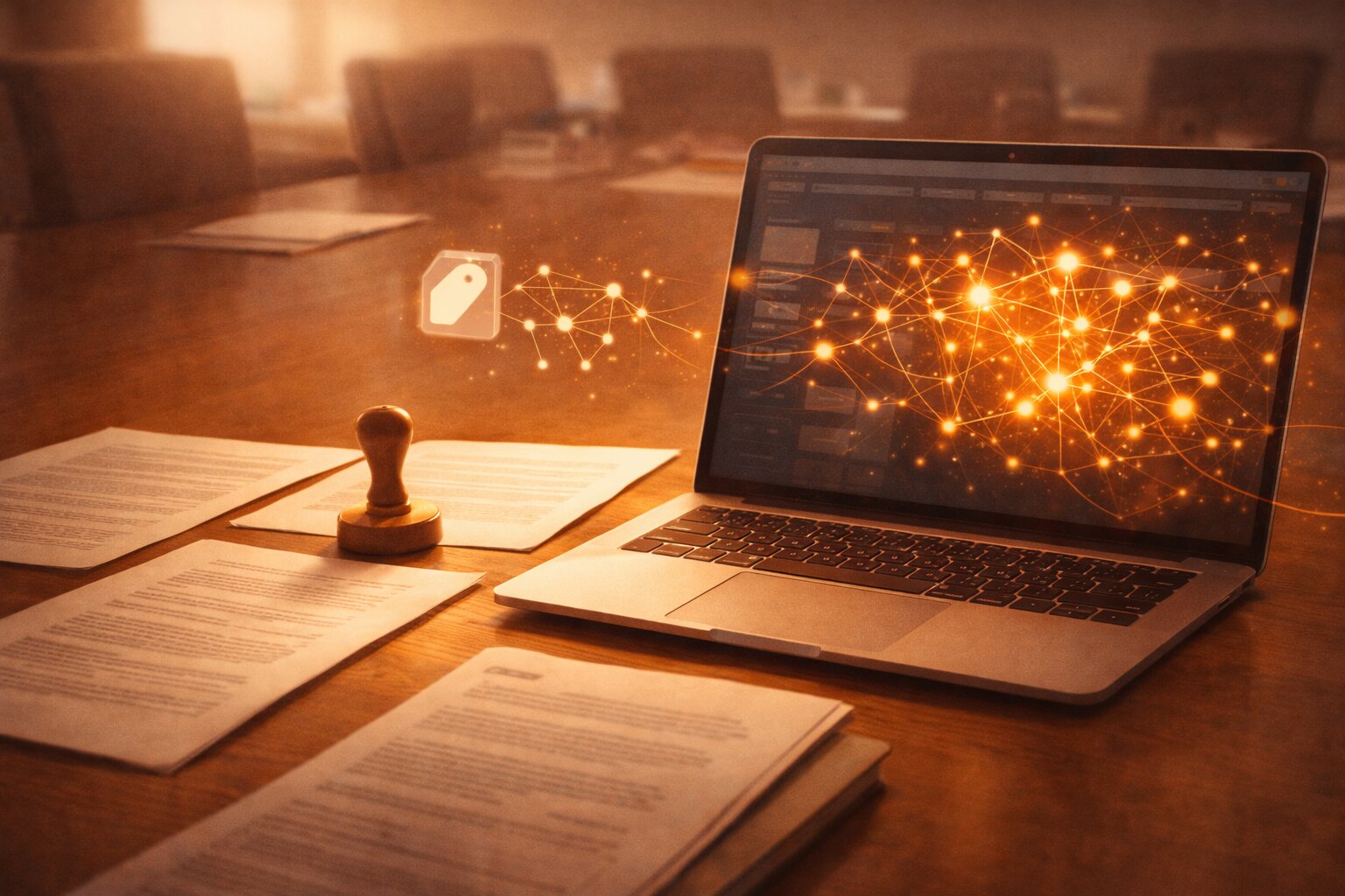 Ilustrasi dokumen hukum berhadapan dengan jaringan koordinasi AI agent