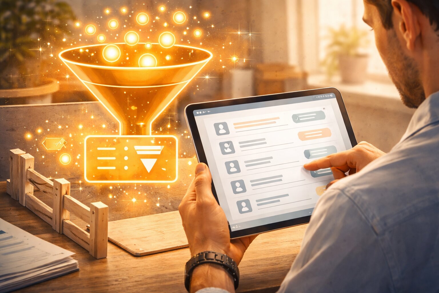 Ilustrasi sales menyortir lead dengan filter kualitas sambil menjaga aliran lead tetap jalan