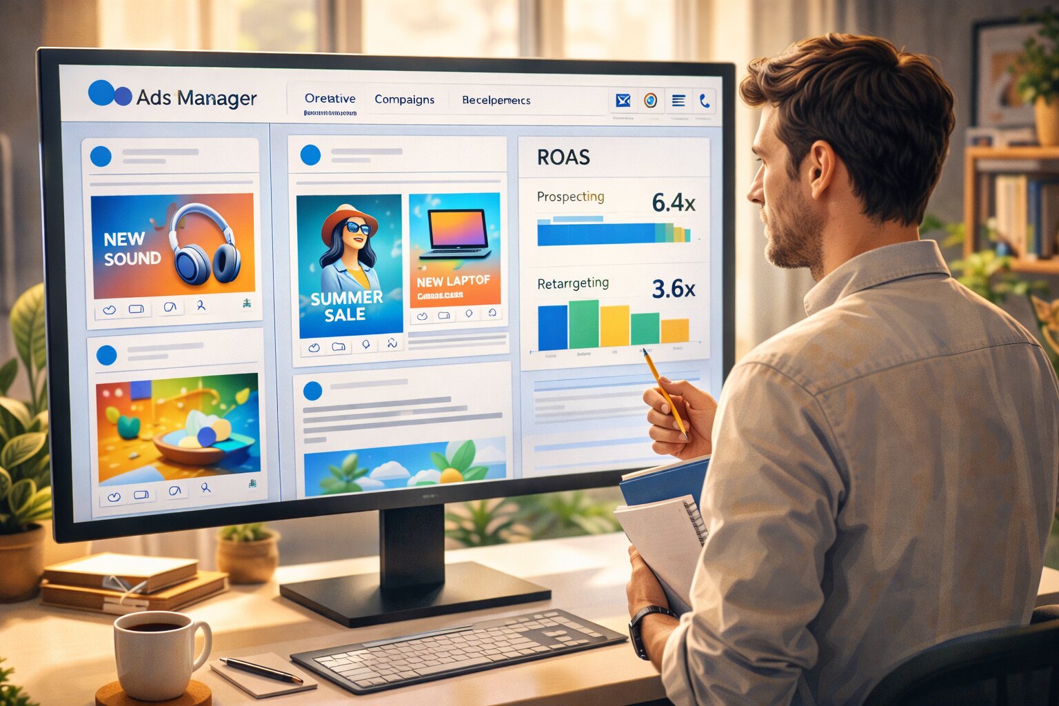 Marketer reviewing Meta Ads creatives and ROAS by audience segment
