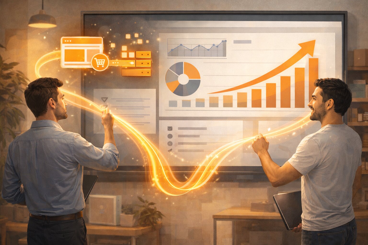 Ilustrasi teknisi dan marketer merapikan kabel data dari website ke dashboard iklan