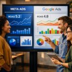 Marketing team comparing Meta Ads and Google Ads ROI dashboards in 2026