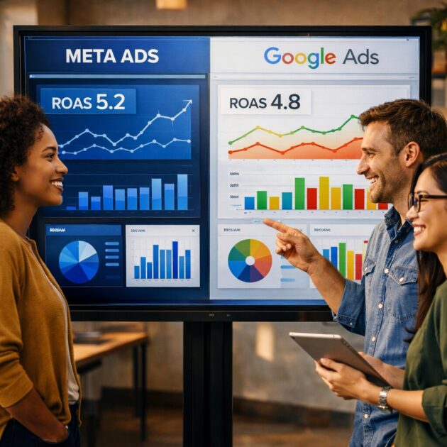 Marketing team comparing Meta Ads and Google Ads ROI dashboards in 2026