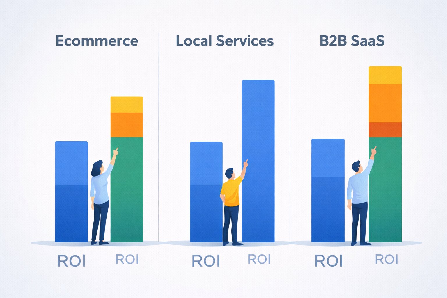 Diagram showing Meta Ads vs Google Ads ROI for ecommerce, local services and B2B