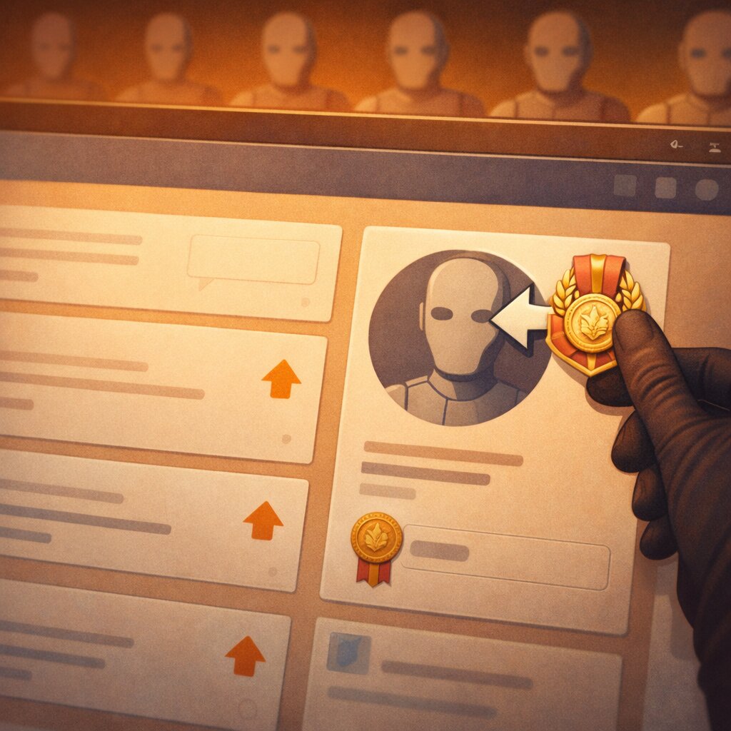 Ilustrasi forum AI agent dengan badge reputasi yang dipalsukan