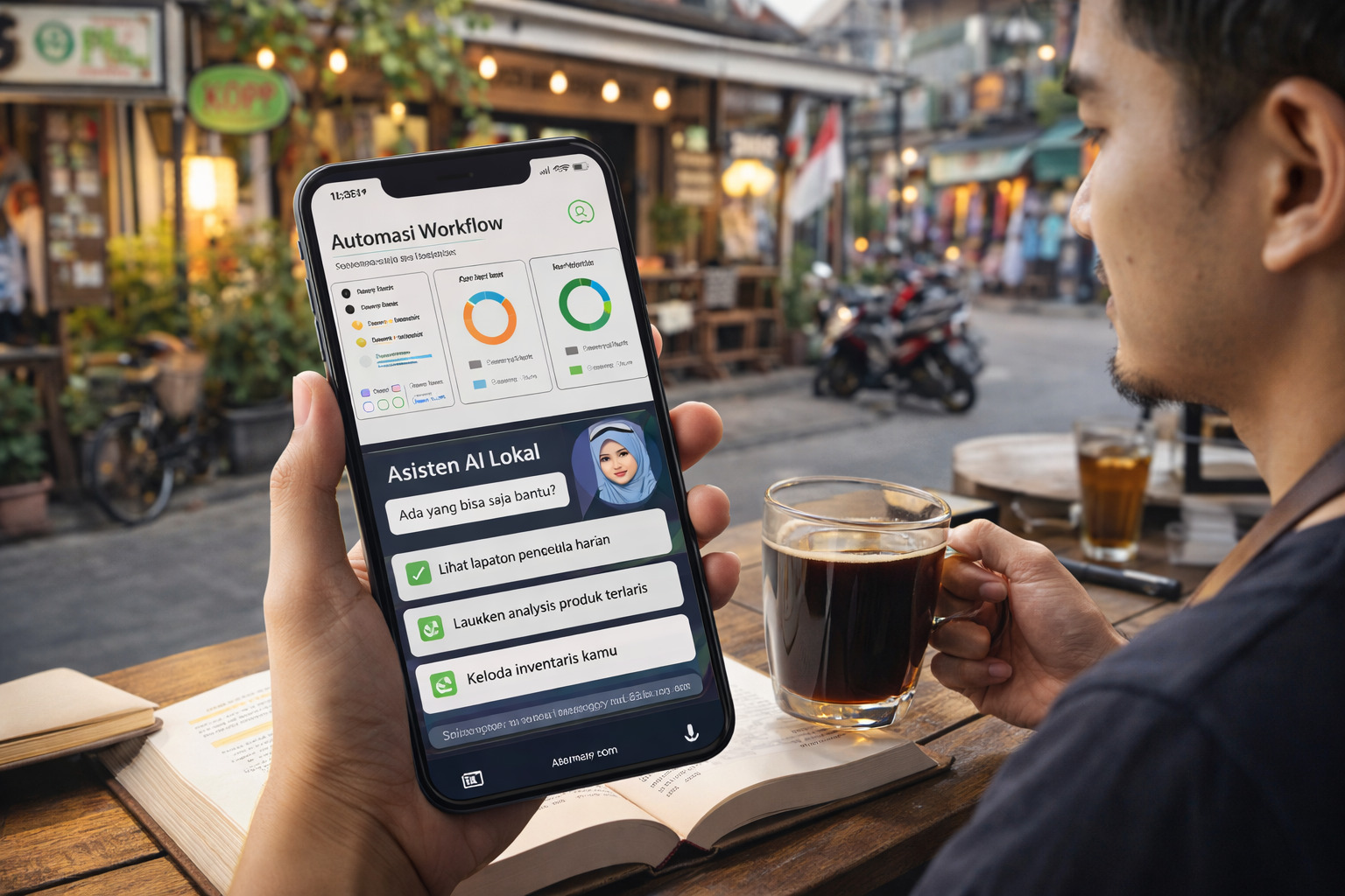 Pengusaha UMKM Indonesia menggunakan alat otomasi AI untuk mengelola bisnisnya di smartphone.
