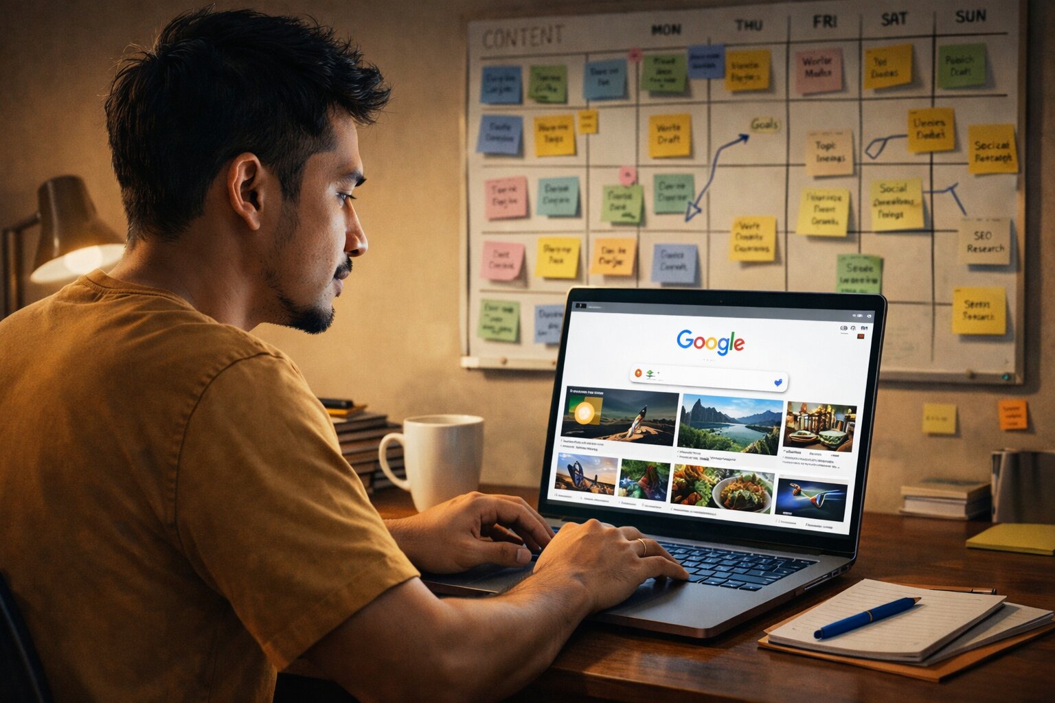 Blogger Indonesia melihat tampilan feed Google Discover di laptop sambil merencanakan konten.
