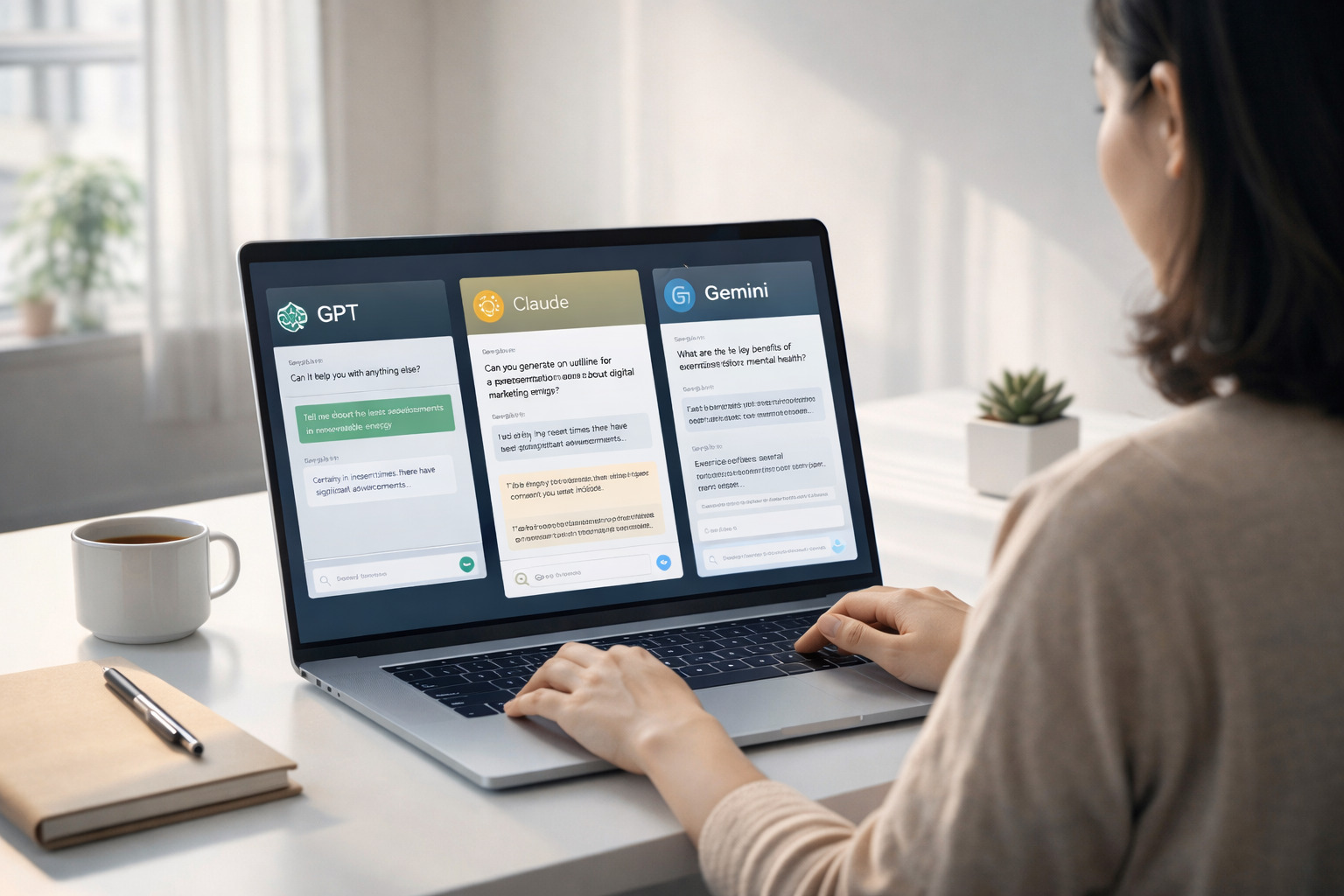 Seorang wanita menggunakan tiga platform AI besar untuk menyelesaikan pekerjaan kantor.