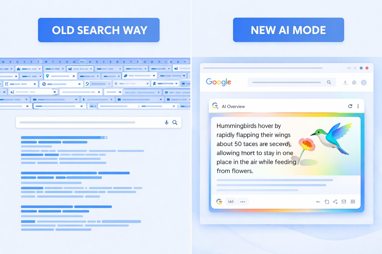 Perbandingan hasil pencarian Google lama yang ribet vs mode AI SGE yang ringkas