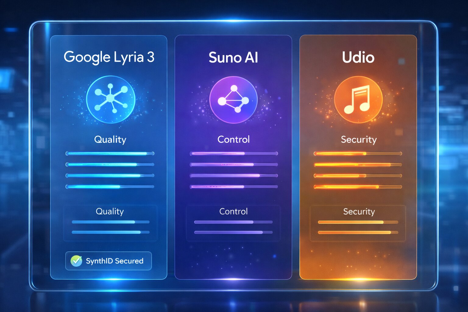 Infografis perbandingan fitur Google Lyria 3 melawan kompetitor Suno AI dan Udio
