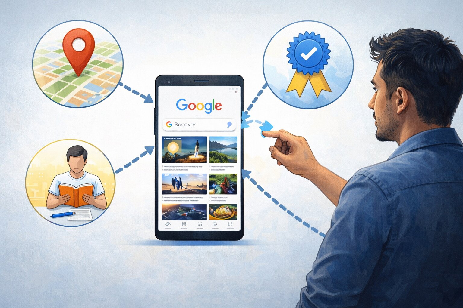 Spesialis SEO memetakan perubahan algoritma Google Discover dengan ikon kualitas dan relevansi lokal.Caption: