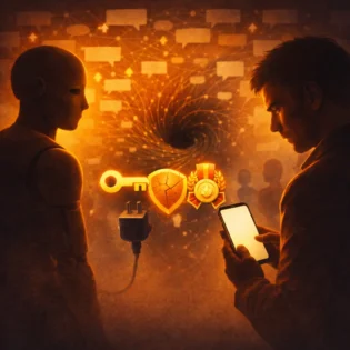 Poster sinematik jejaring sosial AI agent dengan simbol reputasi, API key, dan risiko keamanan