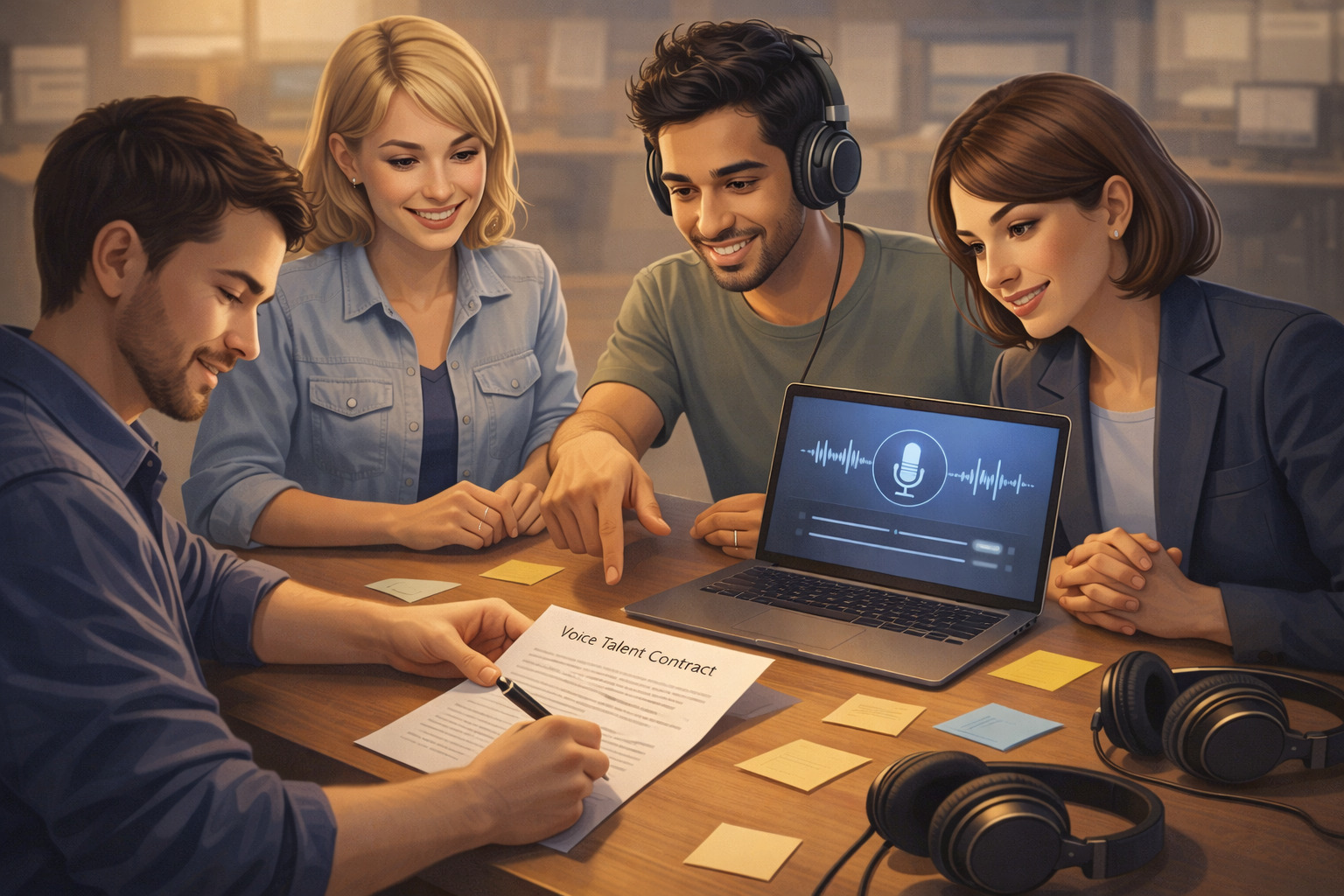 Creative team and legal advisor designing consent agreements for AI voice projects