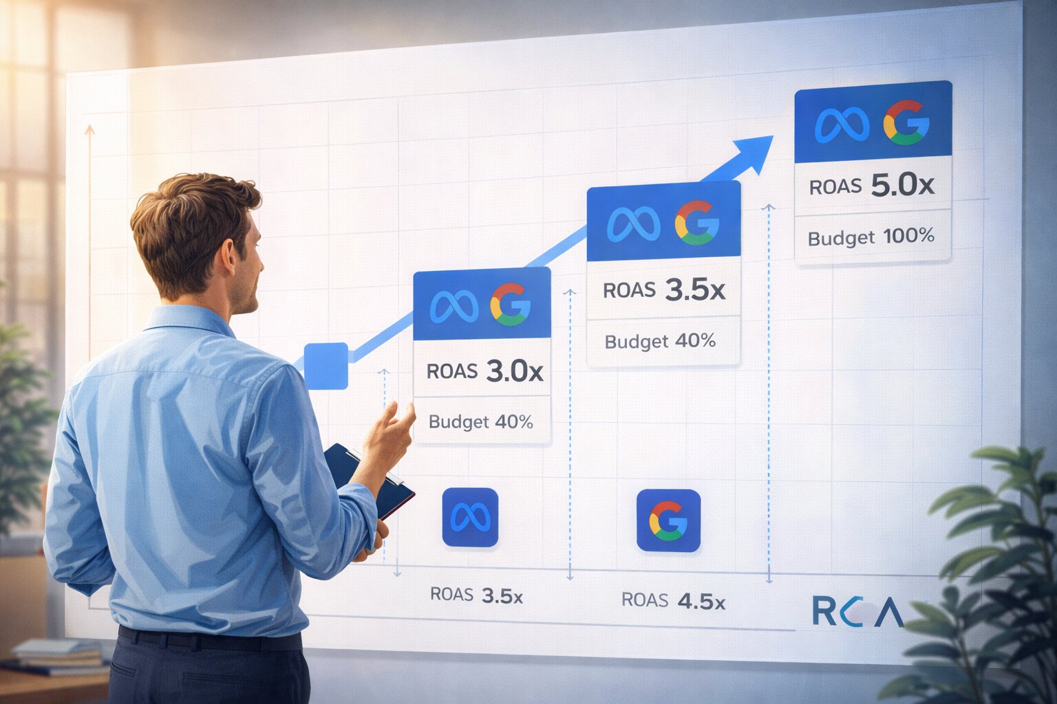Growth chart showing ad spend scaling from single channel to omnichannel media mix