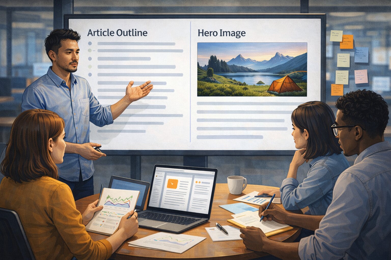 Editor konten mempresentasikan strategi optimasi artikel untuk Google Discover kepada tim.