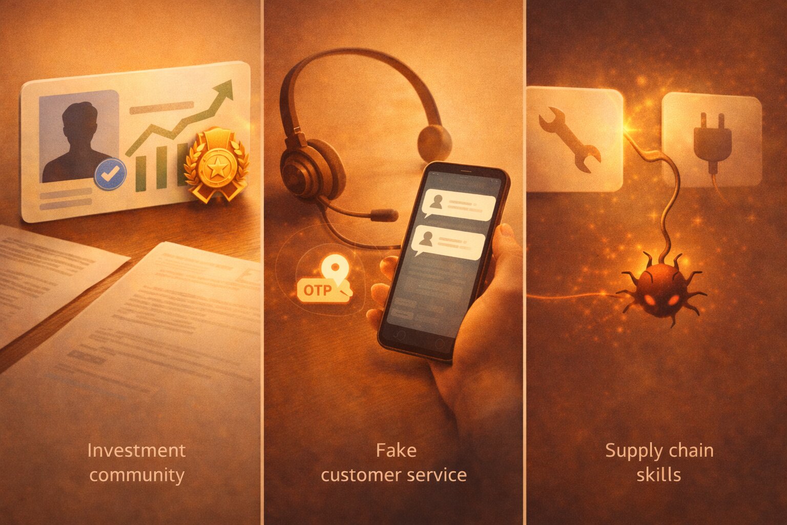 Ilustrasi tiga skenario: reputasi palsu, CS palsu, dan supply chain skill berbahaya