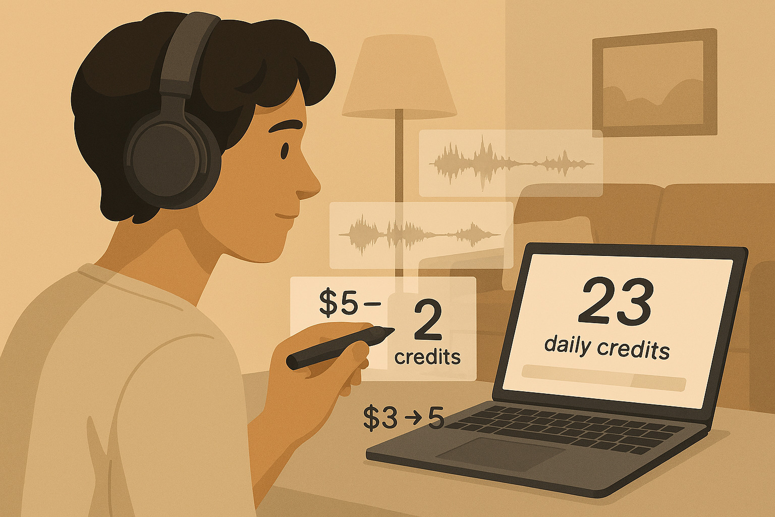Beginner music creator using free credits carefully on an AI music app