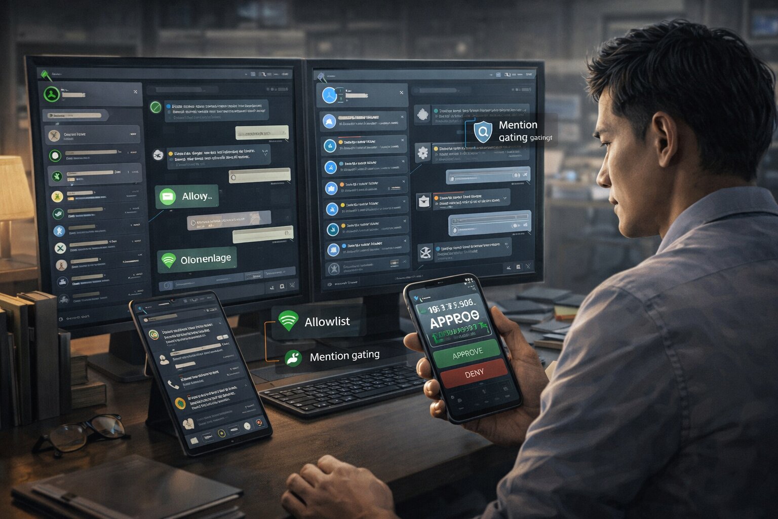 Ilustrasi manusia mengelola akses chat OpenClaw dari WhatsApp dan Telegram